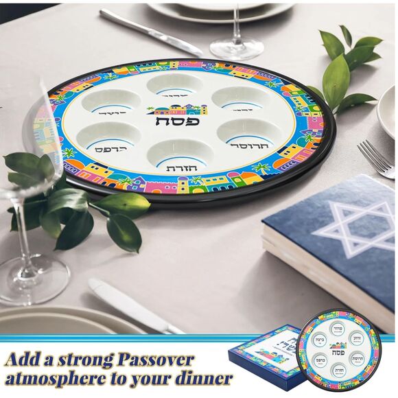 Hushee Passover Seder Plate 12.2” Ceramic Round Blue White w/ Gift Box - Picture 2 of 7
